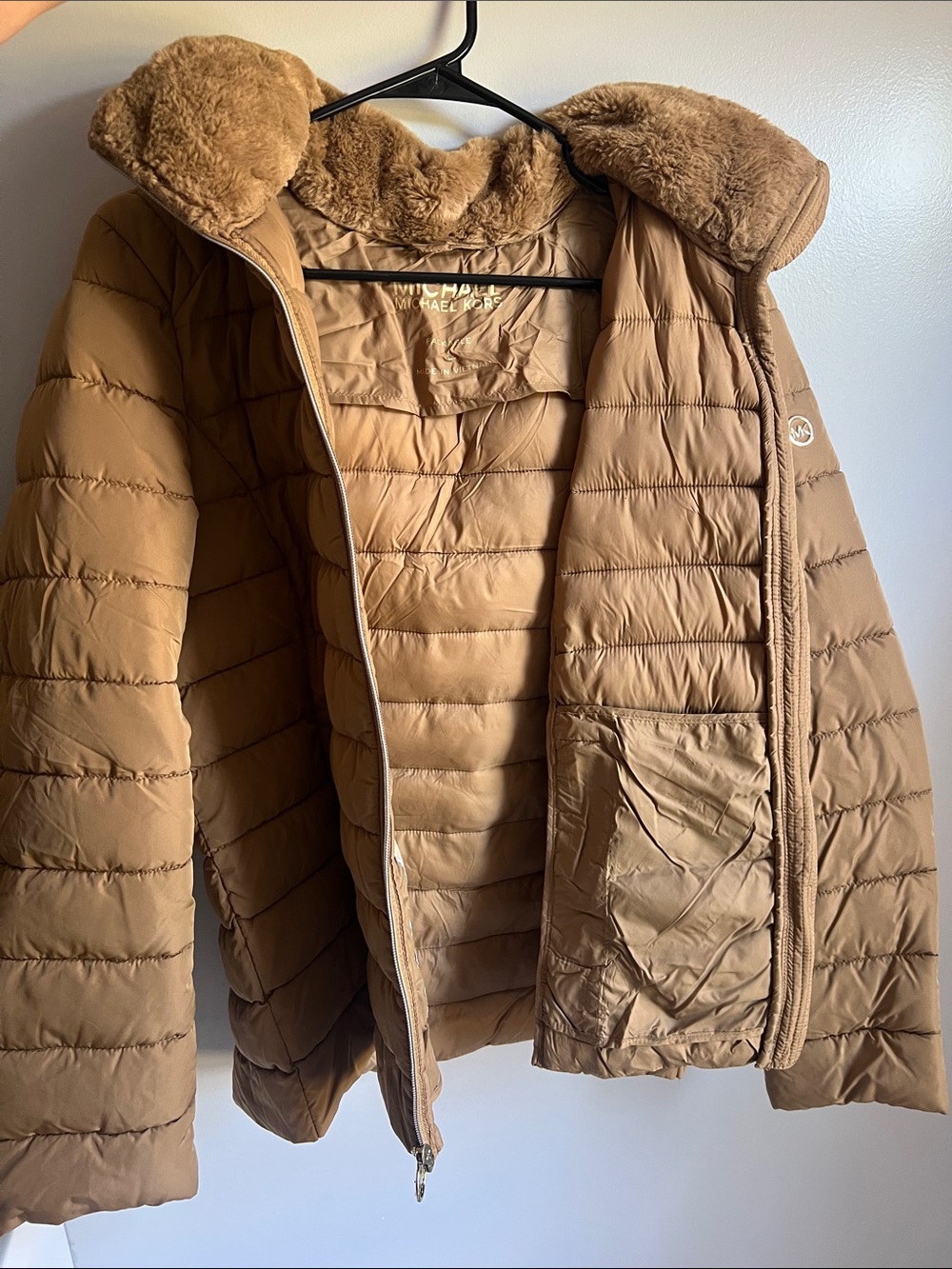 Michael Kors Tan Quilted Puffer Jacket with Faux Fur Collar